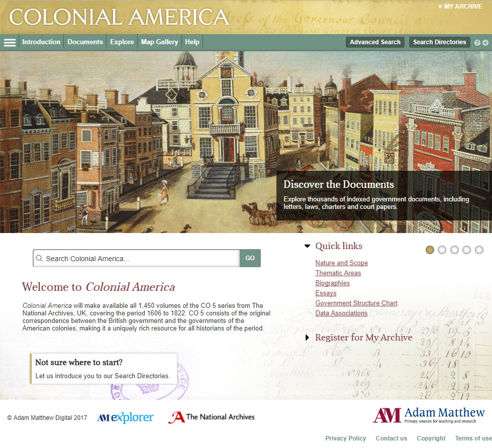 Screenshot of Colonial America homepage.